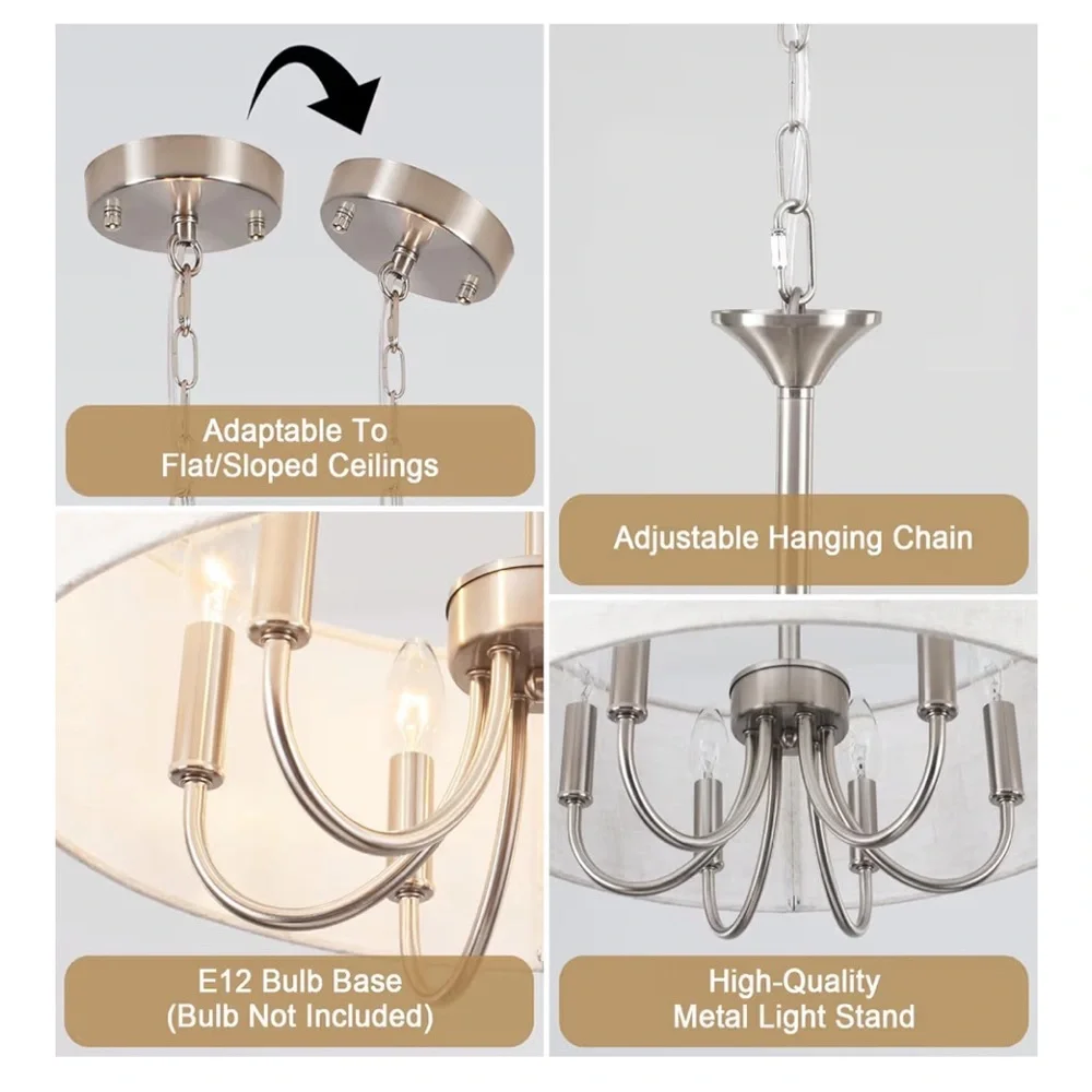 NIB Drum Chandeliers 6-Light Modern Linen Pendant Light, Brushed Nickel Fixture